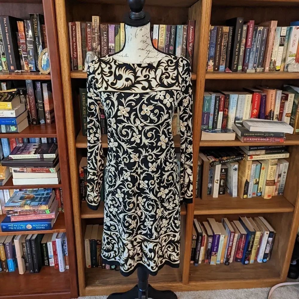 NICOLE Miller silk floral tan and black long sleeve boat neck midi dress size s